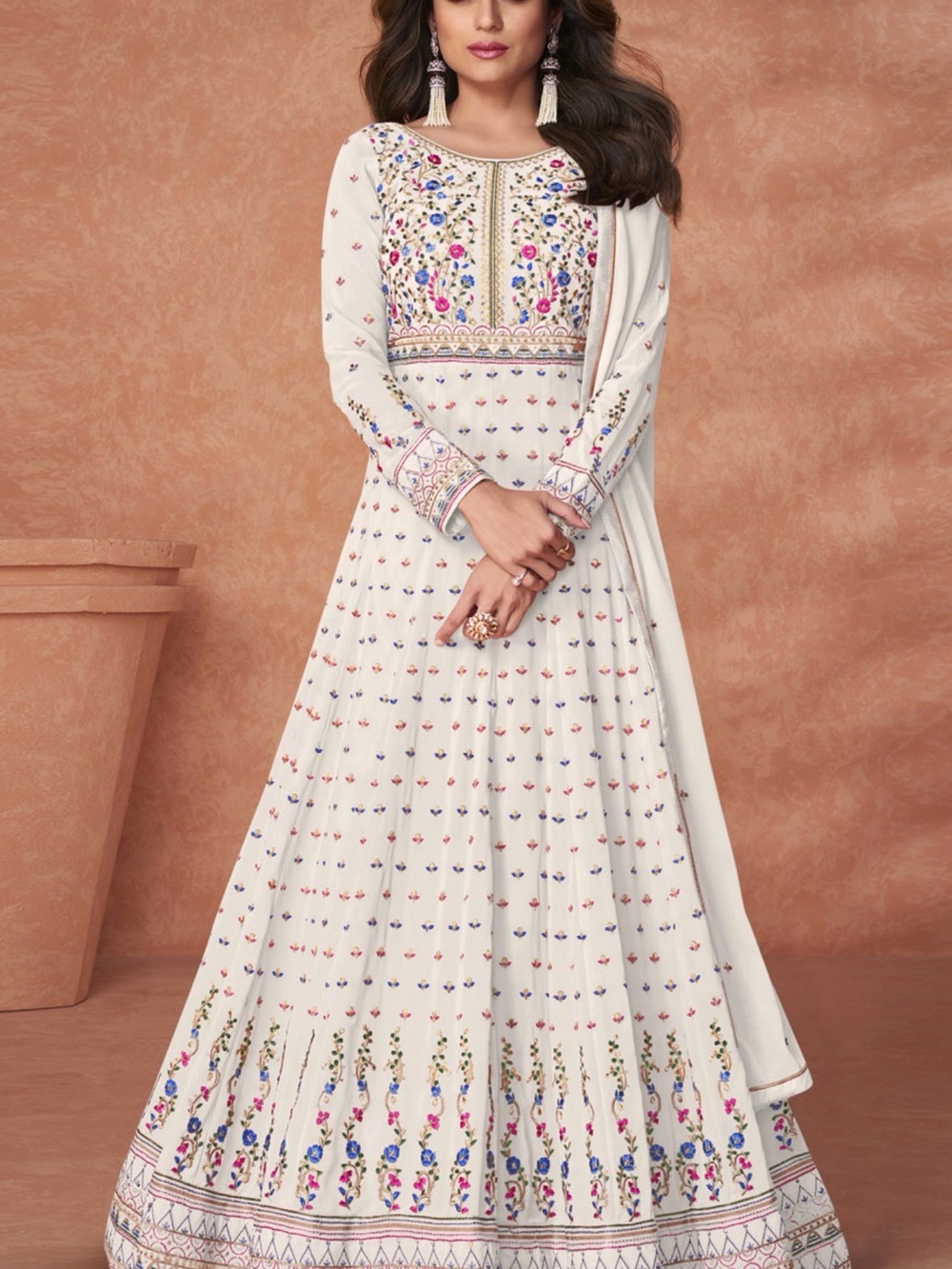 Ivory Long-Sleeve Embroidered Anarkali Dress